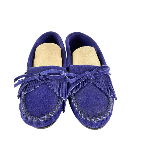 Minnetonka Blue Suede Kilty Moccasins - Picture 3 of 10